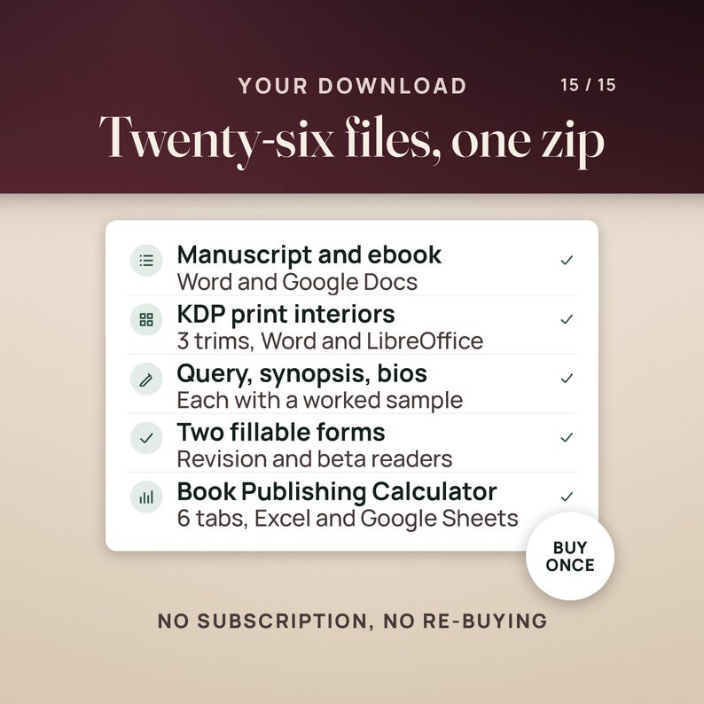 What you get: the manuscript and ebook for Word and Google Docs, KDP print interiors in 3 trims for Word and LibreOffice, a query letter, synopsis and bios with worked samples, two fillable forms for revision and beta readers, and the Book Publishing Calculator with 6 tabs for Excel and Google Sheets, as an instant download.