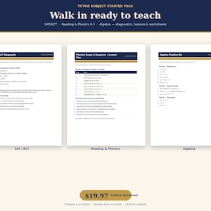 May include: A tutor subject starter pack featuring three educational documents titled SAT/ACT Diagnostic, Phonics Scope & Sequence + Lesson Plan, and Algebra Practice Set. The header reads Tutor Subject Starter Pack Walk in ready to teach.