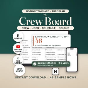 May include: A Notion template titled The Crew Board featuring a free plan, six boards, and a YouTube tutorial. The interface displays 46 sample rows across six connected databases, with a mobile view, an instant download option, and a one-click link.