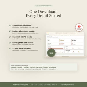 Peut inclure: Un tableur num&eacute;rique de planification de mariage affich&eacute; sur un &eacute;cran d'ordinateur portable, comprenant un tableau de bord automatis&eacute;, un suivi budg&eacute;taire, une liste d'invit&eacute;s, la gestion des RSVP et un plan de table. 22 onglets Excel et Sheets.