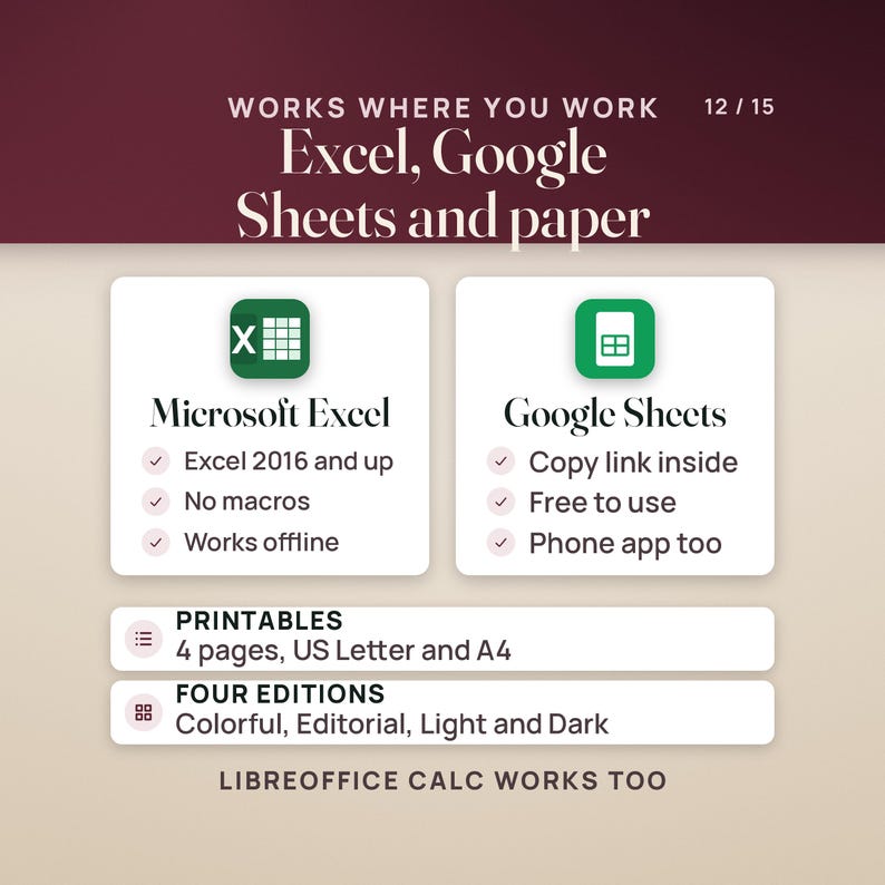 Works in Microsoft Excel 2016 and up with no macros, and in Google Sheets with a copy link included. Four printables and four color editions: Colorful, Editorial, Light and Dark.