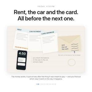 Może przedstawiać: Grafika cyfrowa z tekstem Rent, the car and the card. All before the next one. Przedstawia trzy białe dokumenty z etykietami RENT, CAR PAYMENT i CARD MINIMUM, beżową kopertę oraz czarny smartfon wskazujący godzinę 16:50.
