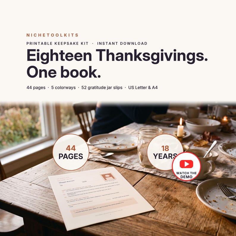 May include: A printable keepsake kit titled Eighteen Thanksgivings. One book. The kit includes 44 pages, 5 colorways, and 52 gratitude jar slips in US Letter and A4 sizes. The text is displayed over a dining table setting with a printed page.