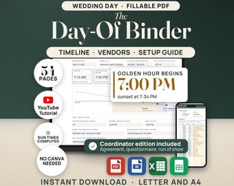 Könnte beinhalten: Eine digitale Hochzeitsplaner-Vorlage mit 54 Seiten, Zeitplan, Anbieterliste und Aufbauanleitung. Enthält ein ausfüllbares PDF, eine Koordinator-Edition und ein YouTube-Tutorial. Kompatibel mit Letter- und A4-Formaten, sofortiger Download ohne Canva.