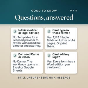 Four questions answered. Is this medical or legal advice? No, templates for a licensed provider to review with a medical director and attorney. Can I type in these forms? Yes, 1,143 fillable fields on Letter or A4 pages, or print them. Do I need Canva or Excel? No Canva; the workbook opens in Excel or Google Sheets. Can I add my logo? Yes, every form has a Word edition you can brand.