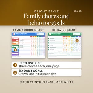Bright style. Left, the family chore chart for the Larkins, with name and total boxes for Ruby, Milo and Posy, three chores each, a week of check boxes and two empty kid slots. Right, Milo's behavior chart: six daily goals such as use kind words and listen the first time, a circle for each day and grown-up initials for Monday to Thursday. Rows: up to five kids; six daily goals. Caption: Mono prints in black and white.