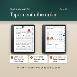 The 2027 at a Glance page beside the March 2027 month page with its habit tracker link: pins on the March block, on the 16th and on week number 11. The year links each month, the month links every date and week.