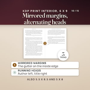 A 6 x 9 KDP print interior spread with mirrored margins, the gutter on the inside edge, and running heads with the author on the left and the title on the right; also 5.5 x 8.5 and 5 x 8.