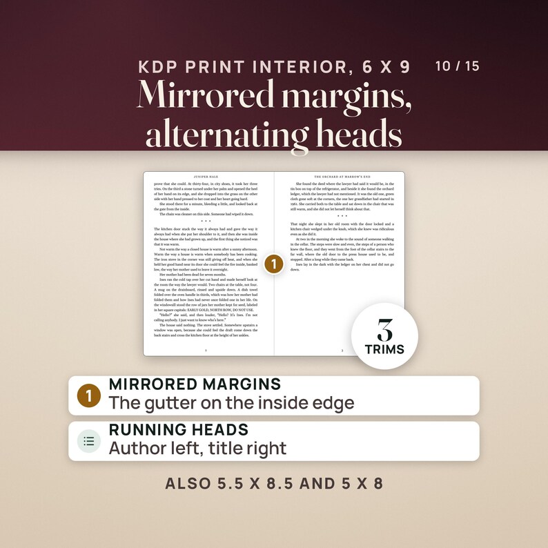 A 6 x 9 KDP print interior spread with mirrored margins, the gutter on the inside edge, and running heads with the author on the left and the title on the right; also 5.5 x 8.5 and 5 x 8.
