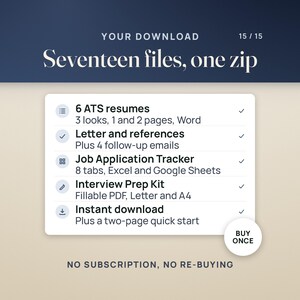 What you get: 6 ATS resumes in 3 looks, a cover letter and references with 4 follow-up emails, the Job Application Tracker with 8 tabs for Excel and Google Sheets, the fillable Interview Prep Kit on Letter and A4, and a two-page quick start, as an instant download.