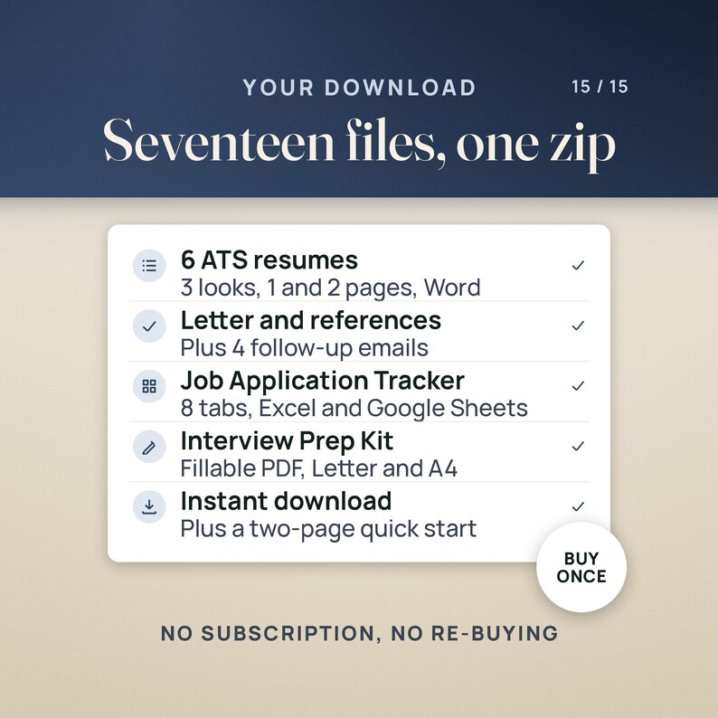 What you get: 6 ATS resumes in 3 looks, a cover letter and references with 4 follow-up emails, the Job Application Tracker with 8 tabs for Excel and Google Sheets, the fillable Interview Prep Kit on Letter and A4, and a two-page quick start, as an instant download.