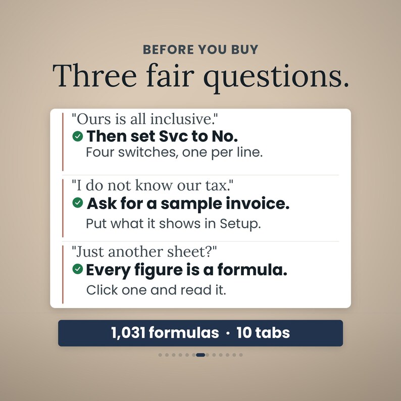 Op de afbeelding: Een digitale afbeelding met de titel BEFORE YOU BUY Three fair questions. Het bevat drie vragen met groene vinkjes als antwoord: Then set Svc to No, Ask for a sample invoice en Every figure is a formula. Een donkerblauwe balk onderaan toont 1.031 formulas &bull; 10 tabs.