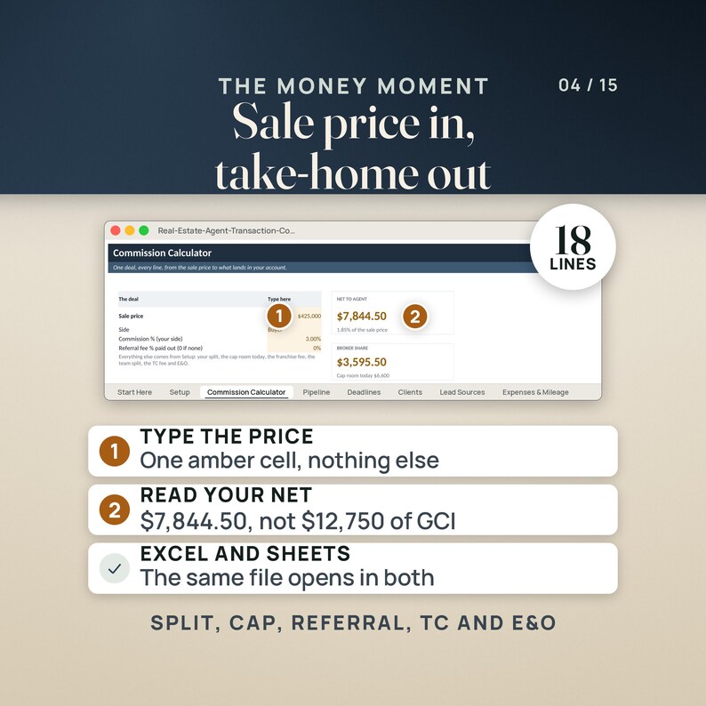 Real Estate CRM and Transaction Tracker Spreadsheet | Realtor Commission Calculator, Split and Cap, Closing Deadlines | Excel Google Sheets image 4