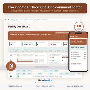 May include: A digital family budget command center spreadsheet displayed on a computer screen and a smartphone. The interface features brown and white sections with text including Two incomes. Three kids. One command center. and 19 TABS.