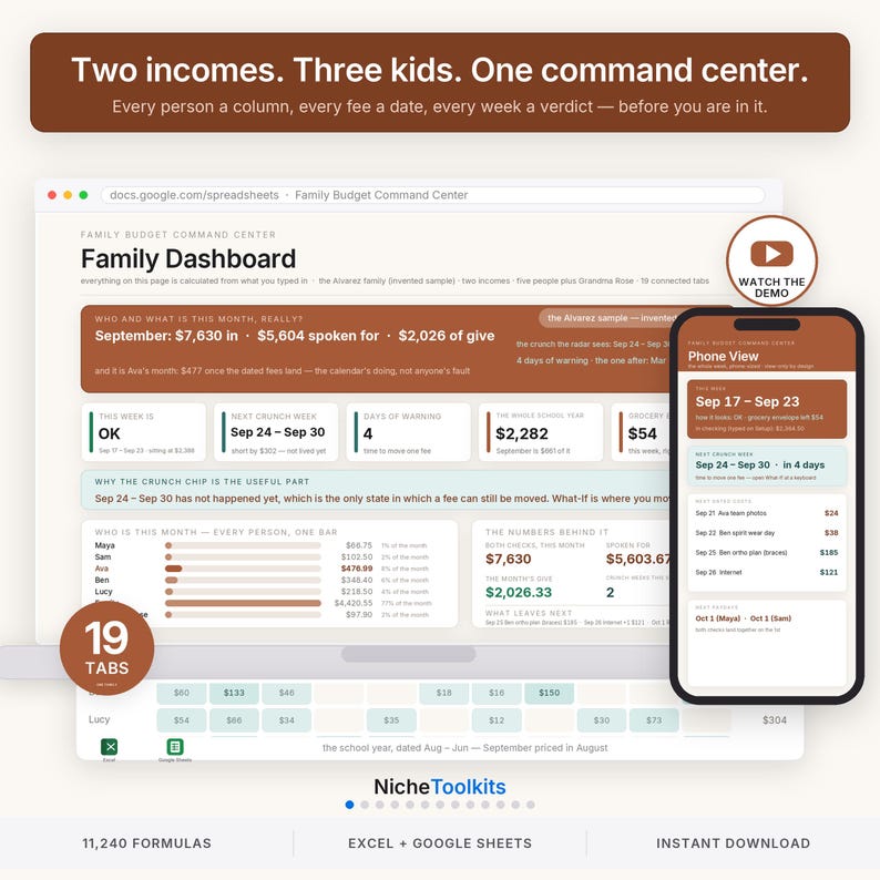 May include: A digital family budget command center spreadsheet displayed on a computer screen and a smartphone. The interface features brown and white sections with text including Two incomes. Three kids. One command center. and 19 TABS.
