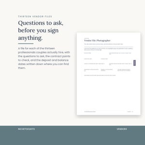 A vendor file page for a photographer, showing the questions to ask and the contract points to check before signing, with fields for deposit and balance dates. One file exists for each of the thirteen professionals couples hire.