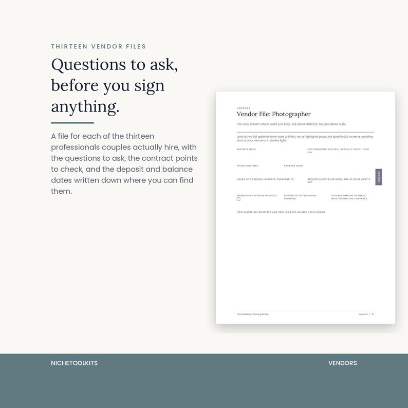 A vendor file page for a photographer, showing the questions to ask and the contract points to check before signing, with fields for deposit and balance dates. One file exists for each of the thirteen professionals couples hire.