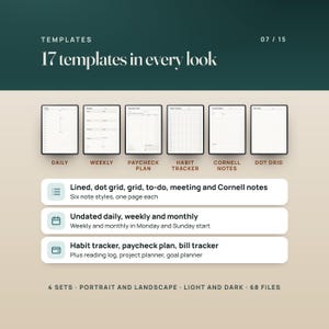 Six of the 17 templates: daily, weekly, paycheck plan, habit tracker, Cornell notes and dot grid. Each template comes in portrait and landscape, light and dark: 4 sets, 68 files.