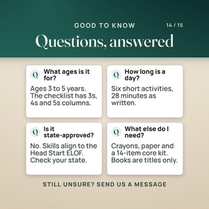 Four questions answered: the ages, 3 to 5 years with 3s, 4s and 5s columns on the checklist; how long a day is, six short activities and 28 minutes as written; whether it is state-approved, no, the skills align to the Head Start ELOF, so check your state; and what else is needed, crayons, paper and a 14-item core kit, with books as titles only.