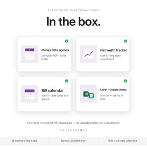 May include: A digital product overview titled Everything That Downloads In the box. It lists four items: Money Date agenda printable PDF, Net worth tracker, Bill calendar, and Excel + Google Sheets. Bottom text includes 16 connected tabs, bonus agenda PDF, and free lifetime updates.