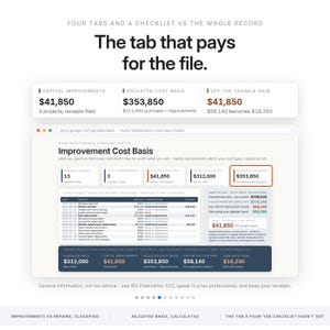 May include: A digital spreadsheet interface titled Home Maintenance Command Center, displaying financial data for capital improvements and adjusted cost basis. The layout includes tables, numerical summaries, and text detailing tax-related home expenses.