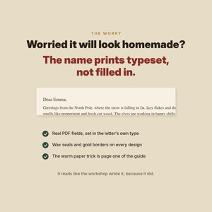 Puede incluir: Un gr&aacute;fico informativo beige con texto marr&oacute;n oscuro que dice: THE WORRY, Worried it will look homemade? The name prints typeset, not filled in. Se muestra un fragmento de carta dirigido a Emma, seguido de tres marcas de verificaci&oacute;n y el texto: It reads like the workshop wrote it, because it did.