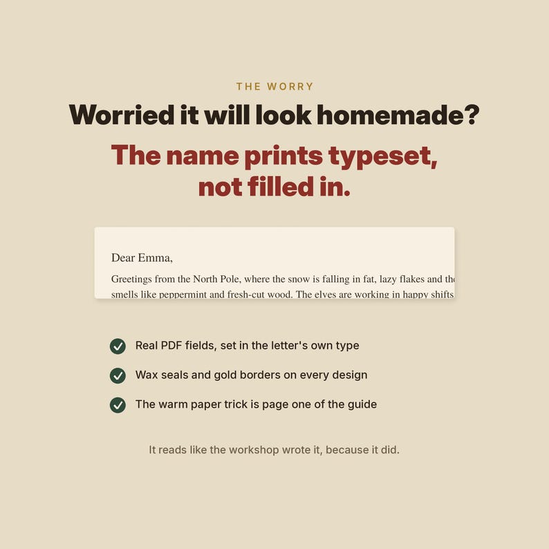 Puede incluir: Un gr&aacute;fico informativo beige con texto marr&oacute;n oscuro que dice: THE WORRY, Worried it will look homemade? The name prints typeset, not filled in. Se muestra un fragmento de carta dirigido a Emma, seguido de tres marcas de verificaci&oacute;n y el texto: It reads like the workshop wrote it, because it did.