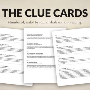 Może przedstawiać: Trzy białe arkusze papieru z tytułem THE CLUE CARDS i podtytułem Numbered, sealed by round, dealt without reading. Każdy arkusz zawiera czarny tekst wydrukowany w ponumerowanych sekcjach z pogrubionymi nagł&oacute;wkami oraz opisowymi akapitami.