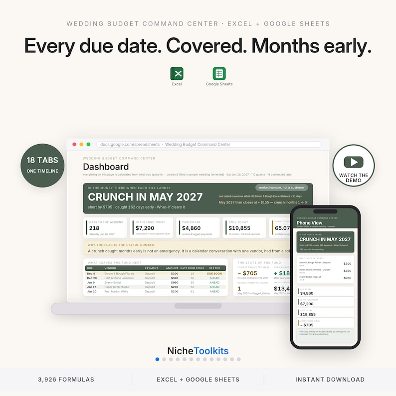 May include: A digital wedding budget command center for Excel and Google Sheets featuring a dashboard with 18 tabs and one timeline. The interface displays financial data, due dates, and vendor payments. Includes a mobile phone view and demo link.