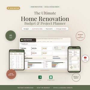 May include: The Ultimate Home Renovation Budget & Project Planner 2026 Edition for Excel and Google Sheets. This digital tool features a dashboard, 16 tabs, budget tracking, contractor bids, payments, and change orders with auto roll-ups.