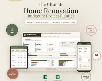 Home Renovation Budget Spreadsheet | Renovation Planner Excel & Google Sheets | Remodel Cost Estimator and Contractor Payment Log