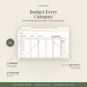 Peut inclure: Une interface de feuille de calcul pour l'organisation de mariage affichant un suivi budg&eacute;taire avec des colonnes pour les co&ucirc;ts estim&eacute;s, r&eacute;els et les soldes impay&eacute;s. La mise en page inclut des totaux calcul&eacute;s automatiquement et des barres de progression.
