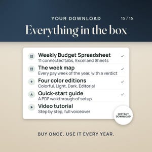 Puede incluir: Una lista de productos digitales titulada Your Download Everything in the box 15/15. Incluye una hoja de c&aacute;lculo de presupuesto semanal con 11 pesta&ntilde;as, The week map, cuatro ediciones de color, una gu&iacute;a de inicio r&aacute;pido y un tutorial en video.