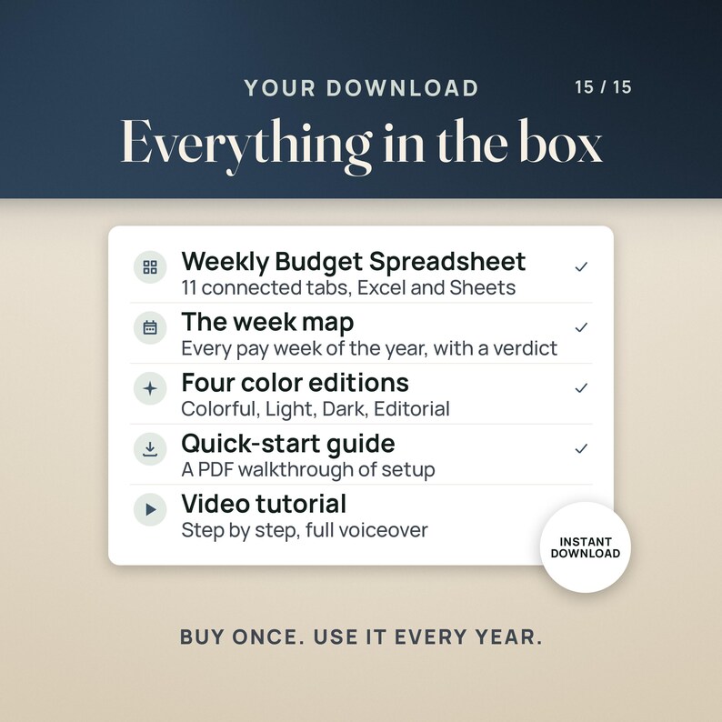 Puede incluir: Una lista de productos digitales titulada Your Download Everything in the box 15/15. Incluye una hoja de c&aacute;lculo de presupuesto semanal con 11 pesta&ntilde;as, The week map, cuatro ediciones de color, una gu&iacute;a de inicio r&aacute;pido y un tutorial en video.