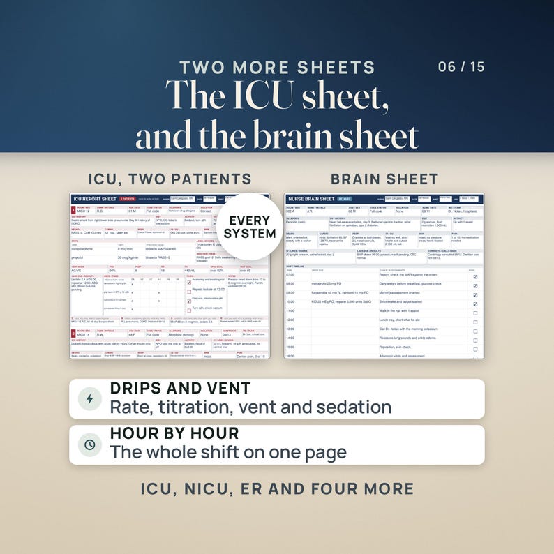 May include: Two medical report sheets for ICU and brain monitoring. The ICU sheet tracks two patients with system details. The brain sheet organises hourly tasks. Text includes 'TWO MORE SHEETS', 'ICU, TWO PATIENTS', 'BRAIN SHEET', and 'EVERY SYSTEM'.