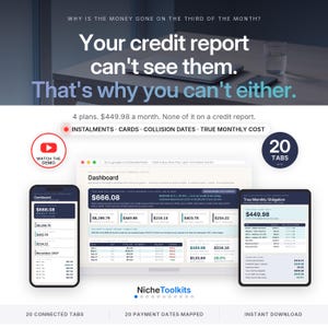 Puede incluir: Una interfaz de panel financiero digital mostrada en una pantalla de computadora y dos dispositivos m&oacute;viles. El texto dice: Why is the money gone on the third of the month? Your credit report can't see them. That's why you can't either.