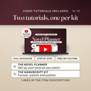 Two video tutorials, one per kit, free on YouTube with full voiceover: the Novel Planner tutorial sets up your book, the Manuscript Kit tutorial covers formatting, submitting and publishing.