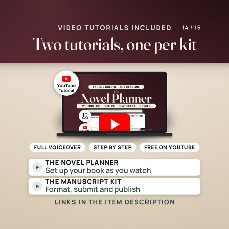 Two video tutorials, one per kit, free on YouTube with full voiceover: the Novel Planner tutorial sets up your book, the Manuscript Kit tutorial covers formatting, submitting and publishing.