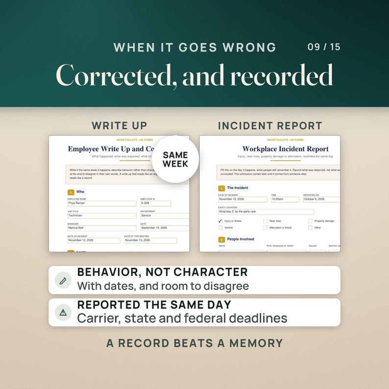 May include: A digital graphic titled WHEN IT GOES WRONG, Corrected, and recorded, featuring two forms: Employee Write Up and Workplace Incident Report. It includes text boxes stating BEHAVIOR, NOT CHARACTER, REPORTED THE SAME DAY, and A RECORD BEATS A MEMORY.