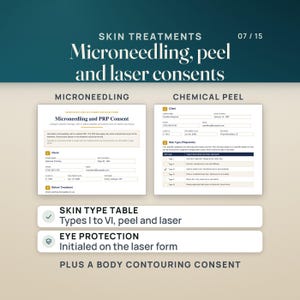 Two consent pages: the Microneedling and PRP Consent with its client section, and the Chemical Peel Consent with a Fitzpatrick skin type table, types I to VI with one check box each, filled for an invented client. Rows note that the same skin type table is on the peel and laser forms, and that the laser and IPL form has an initialed eye protection acknowledgment. The caption notes a body contouring consent is included too.