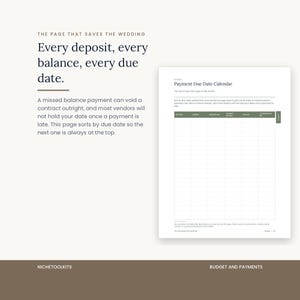 The Payment Due Date Calendar page, a table with columns for due date, vendor, amount due, payment method, paid on and confirmation reference. Text explains a missed balance payment can void a contract outright.