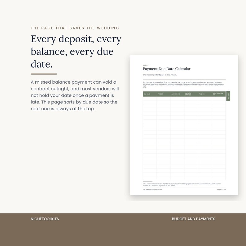 The Payment Due Date Calendar page, a table with columns for due date, vendor, amount due, payment method, paid on and confirmation reference. Text explains a missed balance payment can void a contract outright.