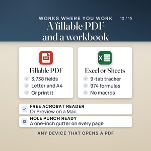 Formats: a fillable PDF with 3,738 fields on Letter and A4 that can also be printed, and a 9-tab tracker with 974 formulas for Excel or Google Sheets, no macros. Opens in the free Acrobat Reader or Preview on a Mac. Every page keeps a one-inch gutter for a hole punch.