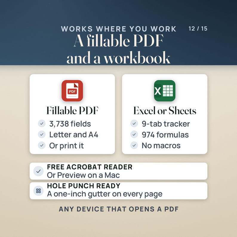Formats: a fillable PDF with 3,738 fields on Letter and A4 that can also be printed, and a 9-tab tracker with 974 formulas for Excel or Google Sheets, no macros. Opens in the free Acrobat Reader or Preview on a Mac. Every page keeps a one-inch gutter for a hole punch.