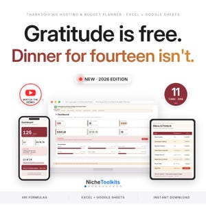 Thanksgiving Planner Spreadsheet | Thanksgiving Hosting Budget with Menu, Potluck and Groceries for Excel and Google Sheets | Friendsgiving