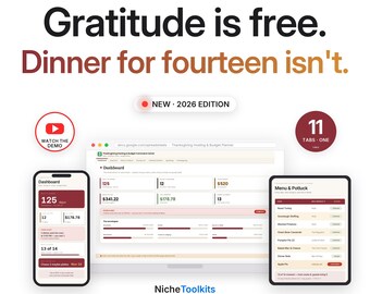 Thanksgiving Planner Spreadsheet | Thanksgiving Hosting Budget with Menu, Potluck and Groceries for Excel and Google Sheets | Friendsgiving