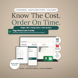 Puede incluir: Un panel digital para proyectos de remodelaci&oacute;n de cocinas con el texto Know The Cost. Order On Time. Muestra presupuesto, ofertas y fechas de pedido con compatibilidad para Excel y Google Sheets. Incluye 10 pesta&ntilde;as y un tutorial de YouTube.