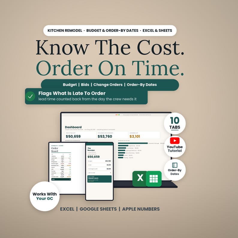 Puede incluir: Un panel digital para proyectos de remodelaci&oacute;n de cocinas con el texto Know The Cost. Order On Time. Muestra presupuesto, ofertas y fechas de pedido con compatibilidad para Excel y Google Sheets. Incluye 10 pesta&ntilde;as y un tutorial de YouTube.