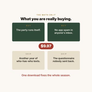 May include: A digital graphic titled THE MATH ON IT What you are really buying. It features two dark green boxes labelled BUY with text: The party runs itself and No app spam in anyone's inbox. Below is a red oval with $9.97 and two beige boxes labelled SKIP with text: Another year of who-has-who texts and The questionnaire nobody sent back. Bottom text: One download fixes the whole season.