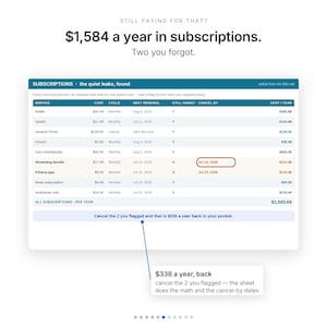 Peut inclure: Un tableau de bord num&eacute;rique intitul&eacute; SUBSCRIPTIONS - the quiet leaks, found, affichant une liste de services r&eacute;currents avec des colonnes pour le co&ucirc;t, le cycle, la date de renouvellement, le statut d'utilisation et les dates d'annulation.